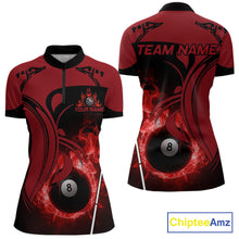 Load image into Gallery viewer, Personalized Red 8 Ball Fire Flame Billiard Shirt For Women, Pool Team Jersey Polo &amp; 1/4 Zip TDM5976