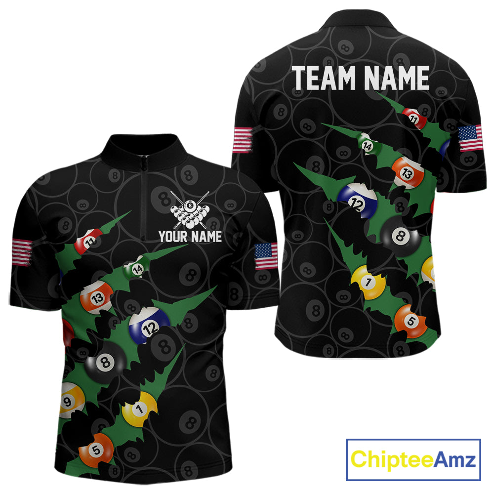 Custom Green 8 Ball Pool Scratch Billiard Shirt For Men, Black Billiard Team Jersey Polo & 1/4 Zip TDM6435