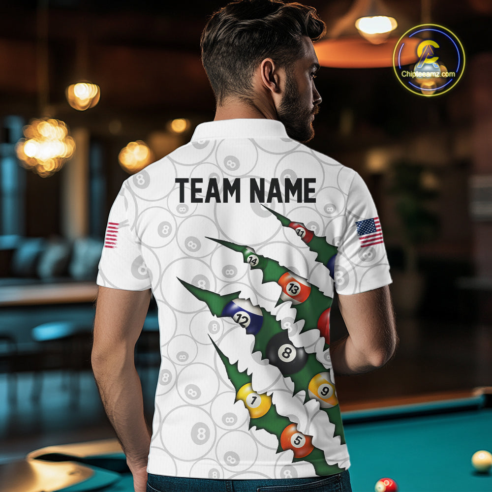 Custom Green 8 Ball Pool Scratch Billiard Shirt For Men, White Billiard Team Jersey Polo & 1/4 Zip TDM6440