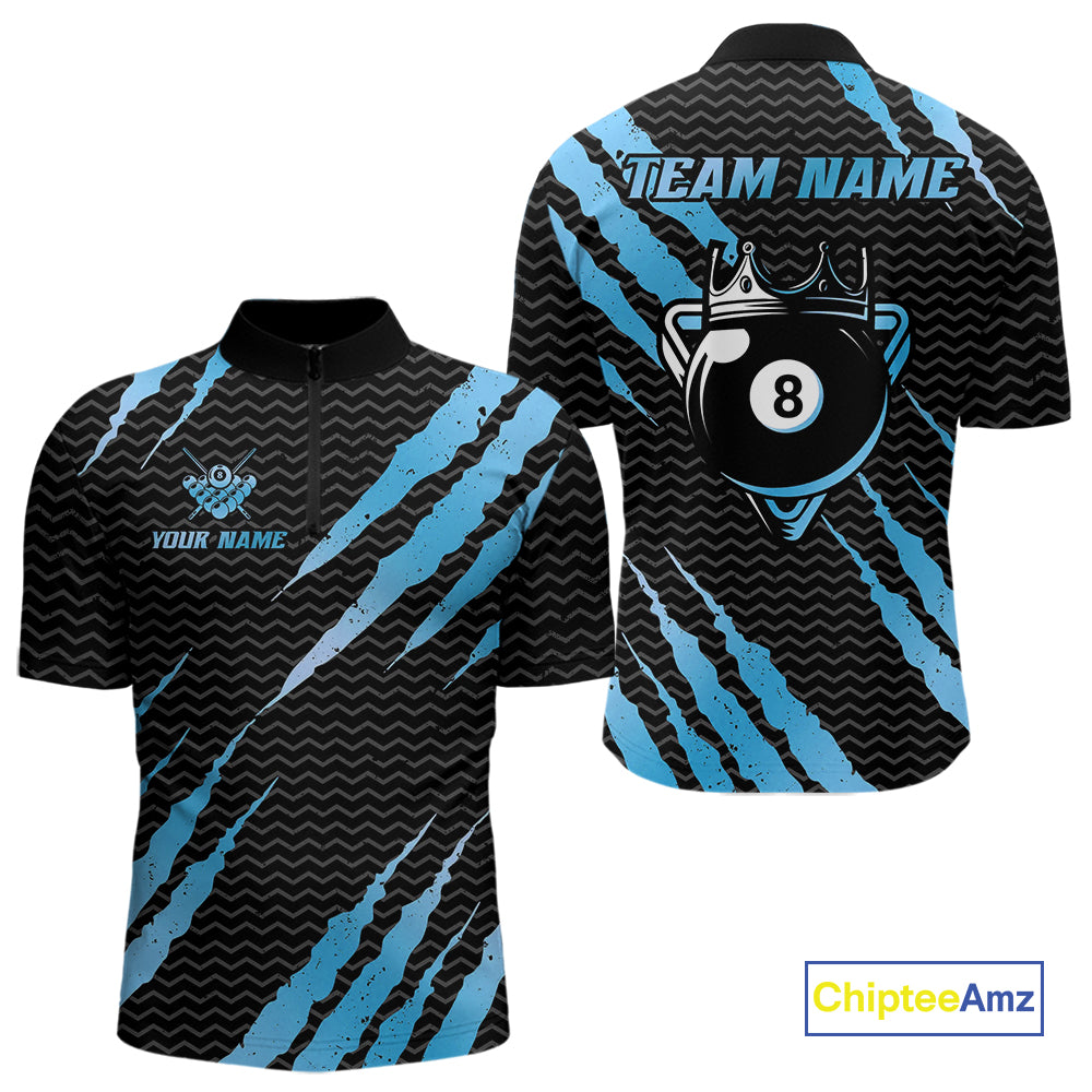 Black And Blue Scratch Billiard Shirts For Men Custom 8 Ball Crown Pool Team Jersey Polo & 1/4 Zip TDM4097