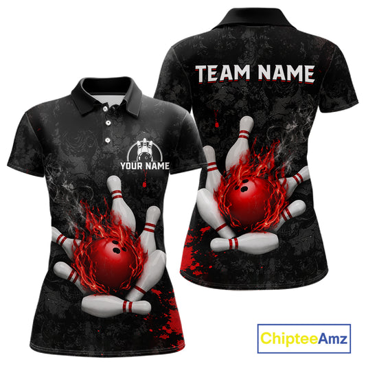 Black and red grunge fire bowling team polo shirt for women with flame graphics.