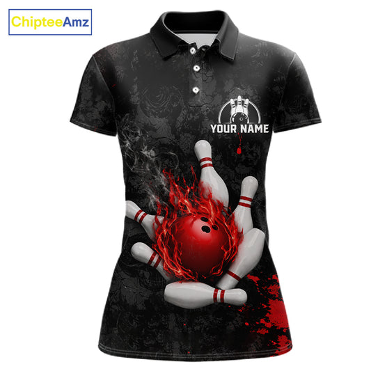 Black and red grunge fire bowling polo shirt for women, custom bowling team jersey uniform.