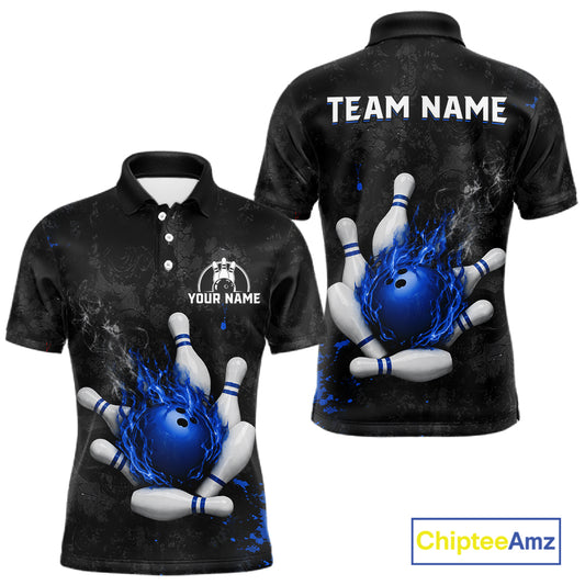 Black and blue grunge fire bowling team polo shirt for men with flame graphics.