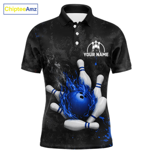Black and blue grunge fire bowling polo shirt for men, custom bowling team jersey uniform.