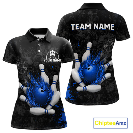 Black and blue grunge fire bowling team polo shirt for women with flame graphics.
