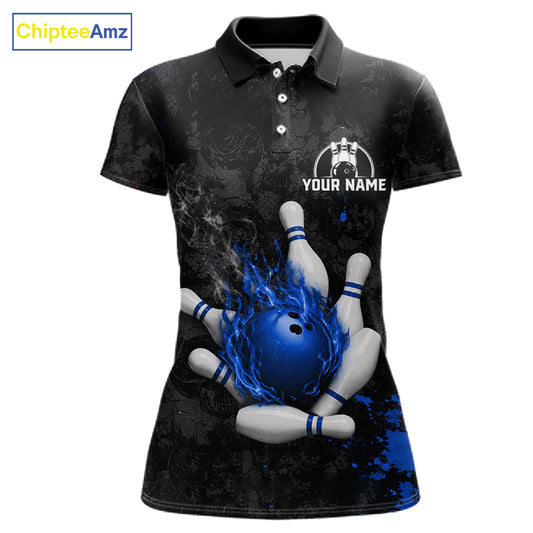 Black and blue grunge fire bowling polo shirt for women, custom bowling team jersey uniform.
