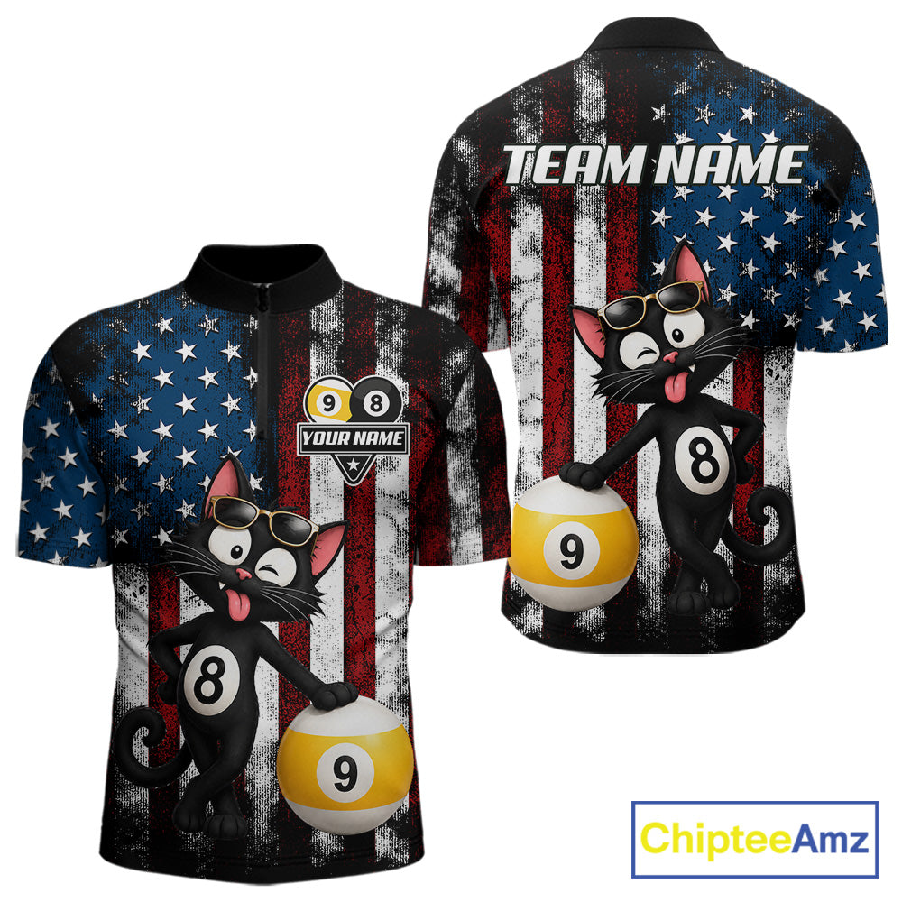 Men’s funny cat 8 ball billiard quarter zip shirt for tournaments and casual pool matches.
