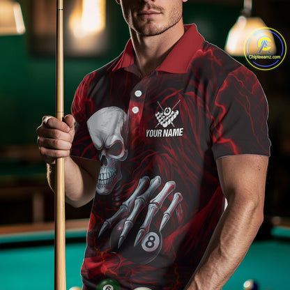 Personalized Red Funny Skeleton Pool Balls Billiard Shirt For Men, Skull Billiard Team Jerseys TDM5343