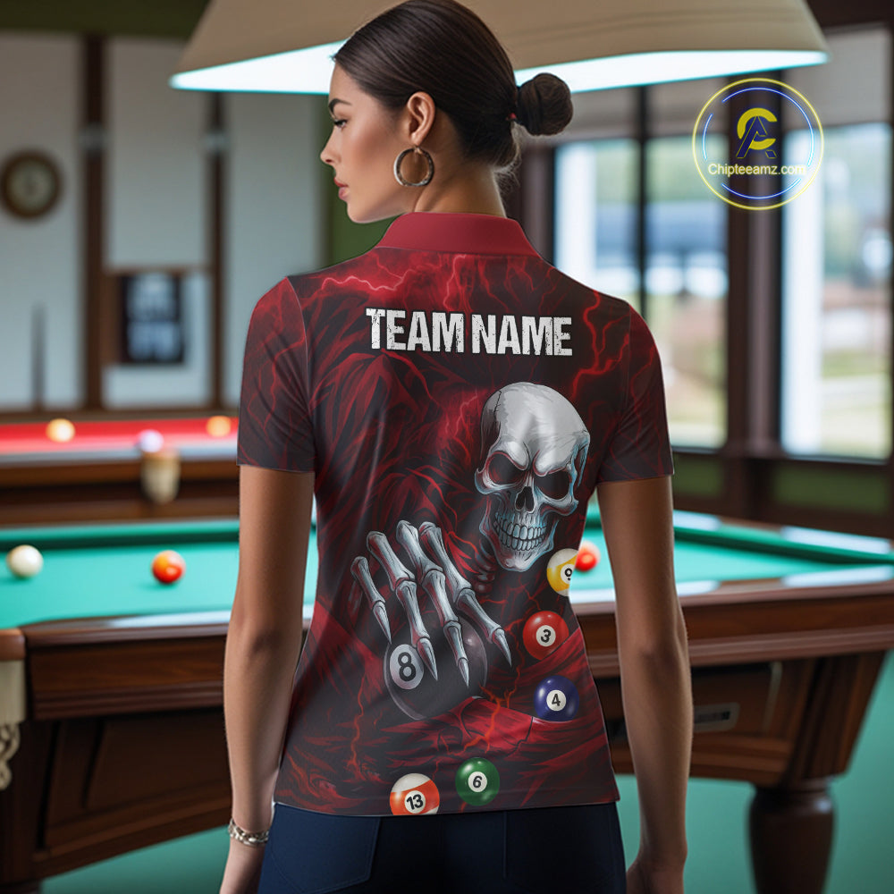Personalized Red Funny Skeleton Pool Balls Billiard Shirt For Women, Skull Billiard Team Jerseys TDM5343