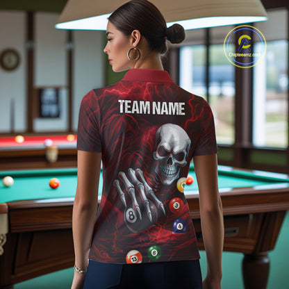 Personalized Red Funny Skeleton Pool Balls Billiard Shirt For Women, Skull Billiard Team Jerseys TDM5343