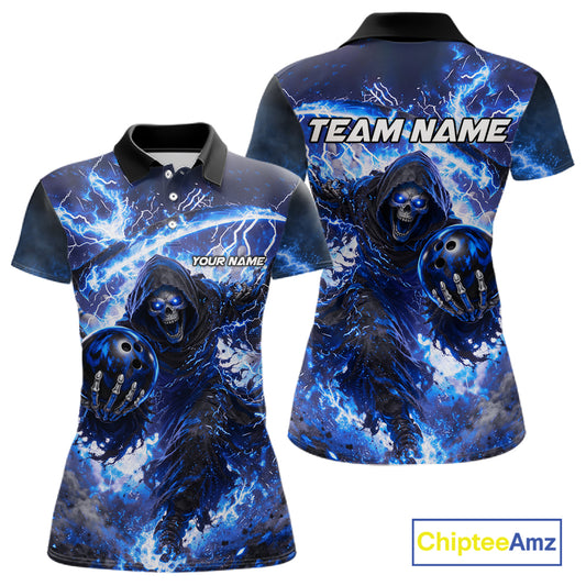 Blue Grim Reaper Fire Smoke Bowling Jersey For Women Custom Bowling Team Shirt Polo & 1/4 Zip TDM6234