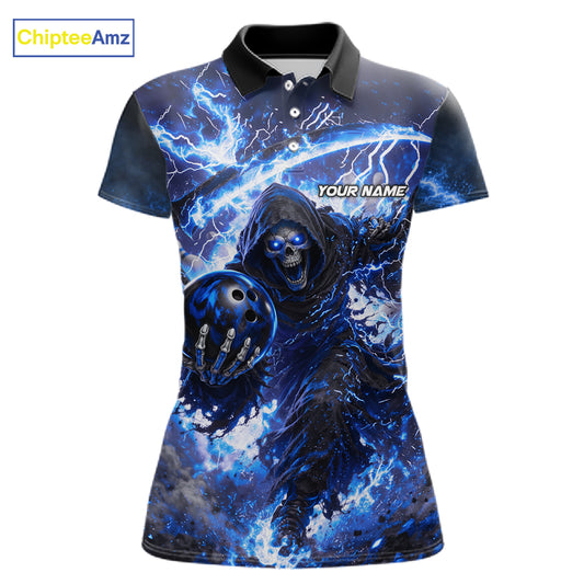 Blue Grim Reaper Fire Smoke Bowling Jersey For Women Custom Bowling Team Shirt Polo & 1/4 Zip TDM6234