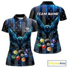 Load image into Gallery viewer, Blue lightning eagle 8 ball pool polo shirt for women with patriotic billiard team graphics.