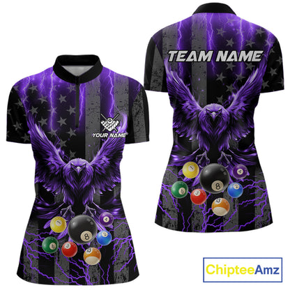 Purple lightning eagle 8 ball billiard quarter zip shirt for women designed for league nights and tournaments.