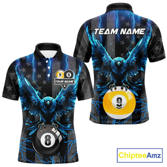 Blue lightning eagle 8 ball and 9 ball billiard polo shirt for men with patriotic American flag graphics.