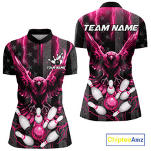 Load image into Gallery viewer, Pink lightning eagle bowling quarter zip shirt for women made for league matches and tournament play.