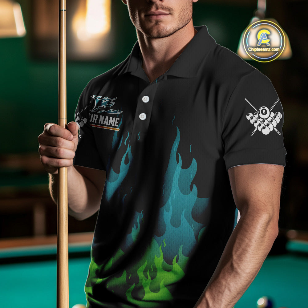 Green And Blue Flaming 8 Ball Pool Men Billiard Polo & 1/4 Zip Custom Pool Team Player Jersey TDM3828
