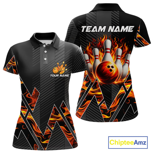 Personalized Fire Flame Bowling Jersey For Women Custom Bowling Team Shirt Polo & 1/4 Zip |Orange TDM6238