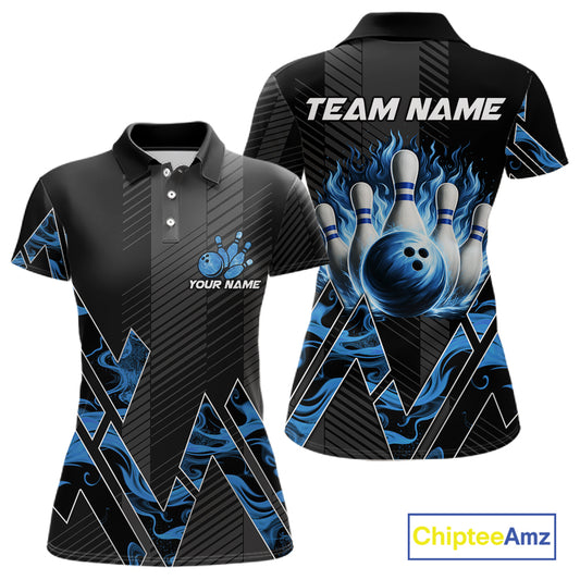 Personalized Fire Flame Bowling Jersey For Women Custom Bowling Team Shirt Polo & 1/4 Zip |Blue TDM6239