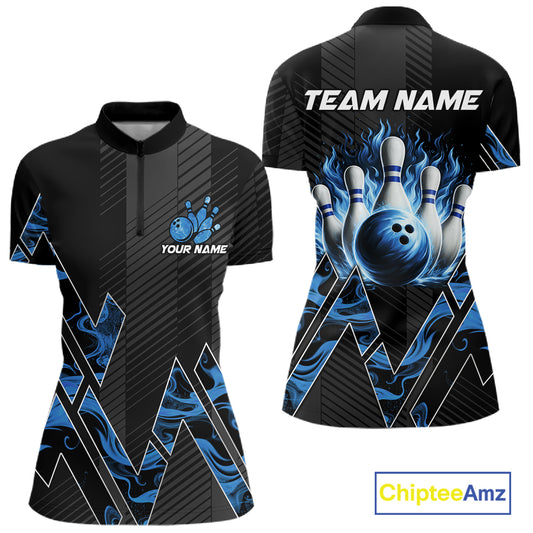 Personalized Fire Flame Bowling Jersey For Women Custom Bowling Team Shirt Polo & 1/4 Zip |Blue TDM6239