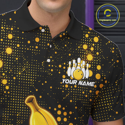 Close-up of black and yellow funny banana bowling team jersey polo shirt featuring collar, buttons and funny banana artwork.