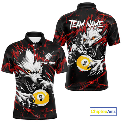 Personalized 9 Ball Pool Wolf Billiard Shirts For Men, Billiard Team Jersey Polo & 1/4 Zip |Red TDM4505