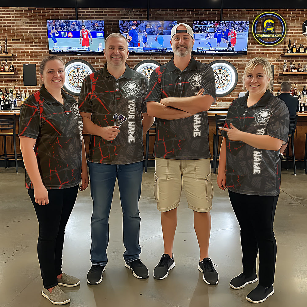 Personalized Skull Black Grunge Darts Polo & Quarter Zip For Men Custom Darts Team Jersey |Red TDM5378