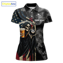 Load image into Gallery viewer, US Flag Grim Reaper Smoke Billiard Shirt For Women Custom 8 Ball Pool Team Jersey Polo &amp; 1/4 Zip TDM6258