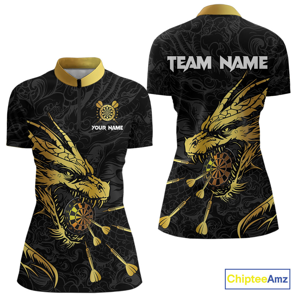 Personalized Black Gold Dragon Dart Shirts For Women Custom Darts League Team Jersey Polo & 1/4 Zip TDM4142