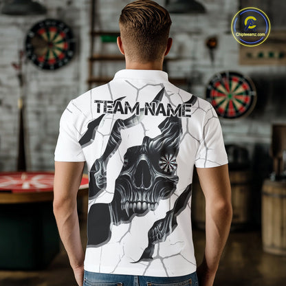 Personalized Skull White Grunge Darts Polo And Quarter-Zip Shirts For Men Custom Dart Team Jerseys TDM2922
