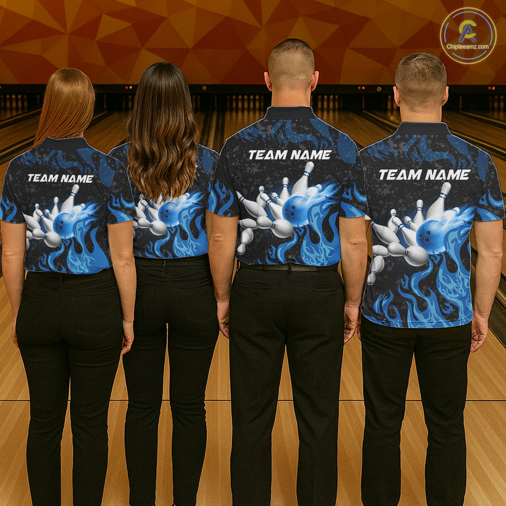 Blue Flaming Bowling Jersey For Men Custom Fire Bowling Pin Team Jersey Polo & Quarter Zip Shirts TDM6267