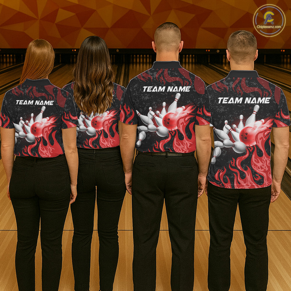 Red Flaming Bowling Jersey For Women Custom Fire Bowling Pin Team Jersey Polo & Quarter Zip Shirts TDM6268