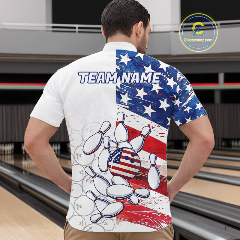 American Flag Patriotic Bowling Shirt For Men Custom Bowling Polo & Quarter Zip Team Shirts TDM6276