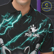 Load image into Gallery viewer, Close-up of a turquoise neon raccoon bowling polo shirt collar, buttons, and lightning artwork.