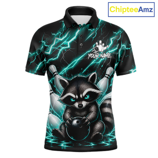 Turquoise neon lightning raccoon bowling polo shirt for men with custom bowling team graphics.