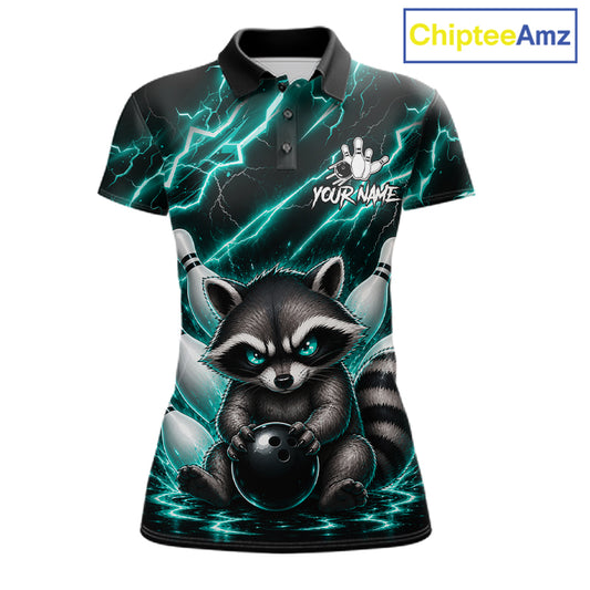 Turquoise neon lightning raccoon bowling polo shirt for women with custom bowling team graphics.