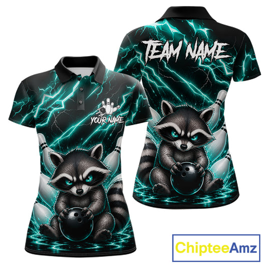 Turquoise neon lightning raccoon bowling polo shirt for women with custom bowling team graphics.