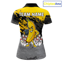 Load image into Gallery viewer, Yellow funny banana grunge bowling polo shirt for women with custom team graphics.