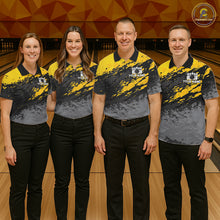 Load image into Gallery viewer, Bowling team wearing matching yellow funny banana bowling jerseys during tournament matches front view.