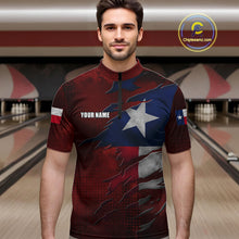 Load image into Gallery viewer, Man wearing a retro Texas flag bowling quarter zip jersey during bowling league play front view.