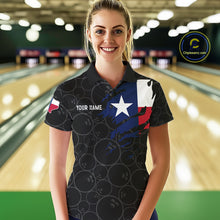 Load image into Gallery viewer, Woman wearing a US flag Texas bowling polo shirt at a bowling alley front view.