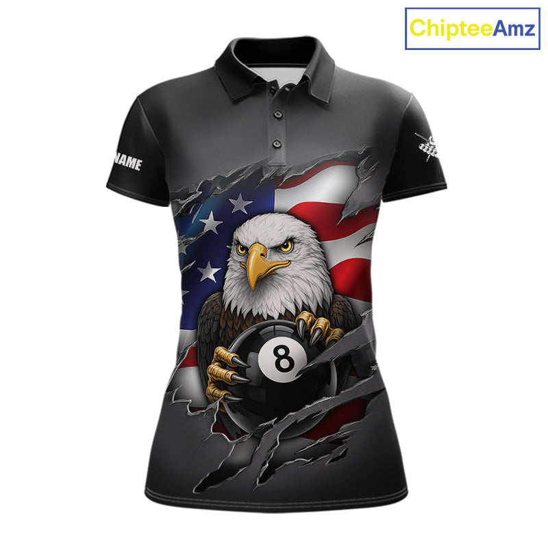 Grey American Flag Eagle 8 Ball Pool Billiard Shirts For Women Custom Patriotic Billiard Team Jersey TDM7169