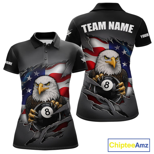 Grey American Flag Eagle 8 Ball Pool Billiard Shirts For Women Custom Patriotic Billiard Team Jersey TDM7169