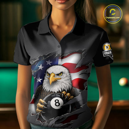 Grey American Flag Eagle 8 Ball & 9 Ball Billiard Shirts For Women Custom Patriotic Pool Team Jersey TDM7170