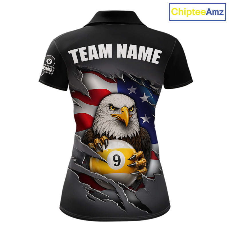Grey American Flag Eagle 8 Ball & 9 Ball Billiard Shirts For Women Custom Patriotic Pool Team Jersey TDM7170
