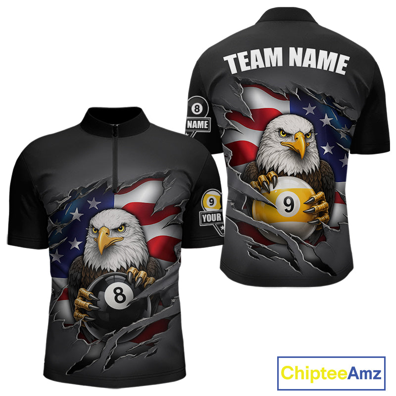 Grey American Flag Eagle 8 Ball & 9 Ball Billiard Shirts For Men Custom Patriotic Pool Team Jersey TDM7170