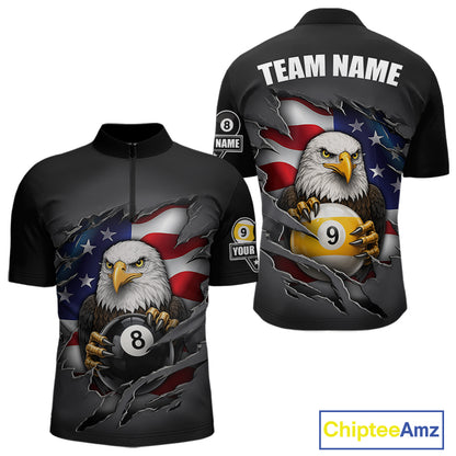 Grey American Flag Eagle 8 Ball & 9 Ball Billiard Shirts For Men Custom Patriotic Pool Team Jersey TDM7170