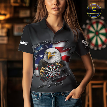 Personalized Grey American Flag Eagle Darts Shirts For Women Custom Patriotic Darts League Jersey TDM7171