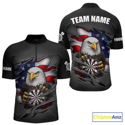 Personalized Grey American Flag Eagle Darts Shirts For Men Custom Patriotic Darts League Jersey TDM7171