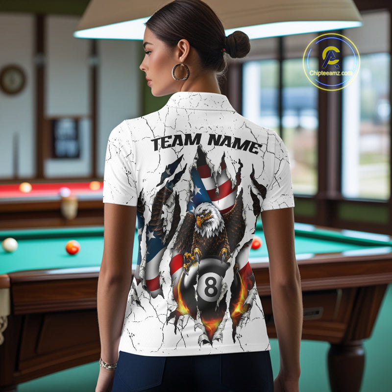 Custom US Flag Eagle Fire 8 Ball Billiard Jersey For Women, White Grunge Patriotic Pool Team Shirt TDM7176